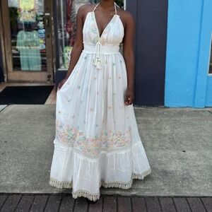 Ananta NWT Elegant Bohemian Size L/XL pastel& White Halter Maxi Dress